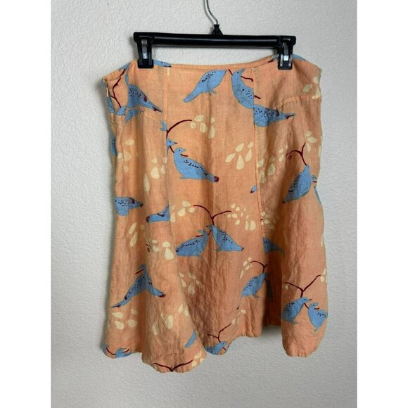 Anthropologie Meadow Rue Skirt Size 14 Linen Knee Length Peach Blue Bird A Line - Picture 5 of 9